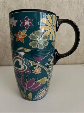 Topadorn Ceramic Mug Teal Folk Art Floral Coffee Cup Floral Symphony Bird EC
